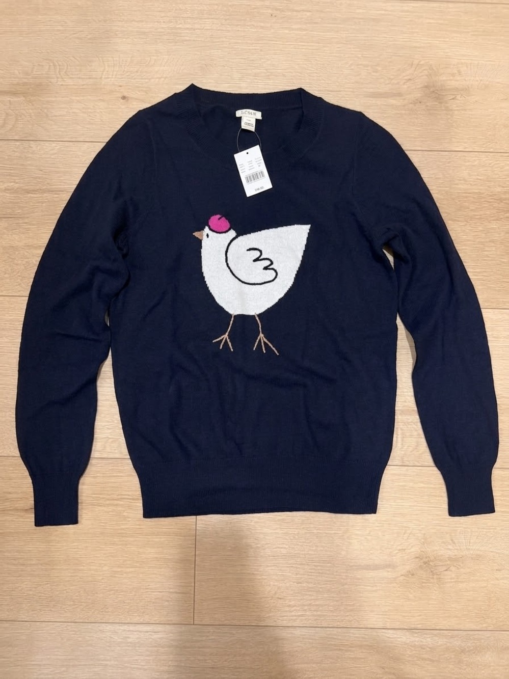 J. Crew Navy Cashmere Crewneck Sweater with White Bird and Pink Hat (brand new!w